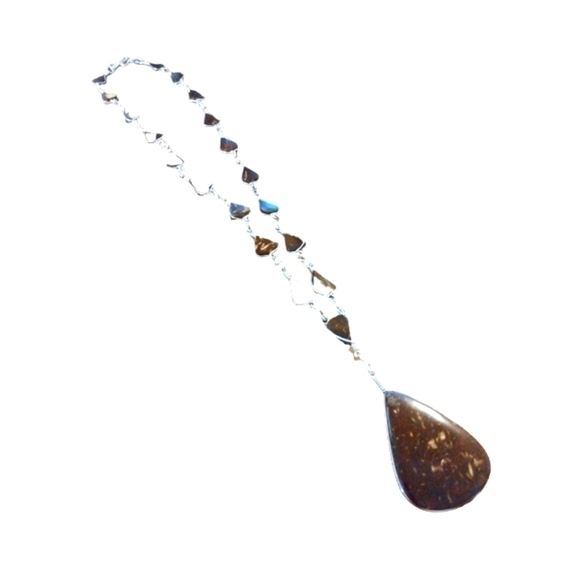 Black Minerals Market Handmade SilverTone Link Chain Wood Aesthetic Stones 12" - Picture 1 of 5